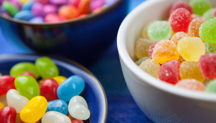 three bowls of candy