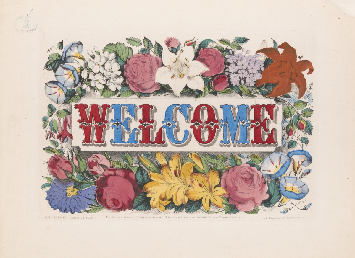 Red and blue WELCOME text surrounded by flowers against a beige background